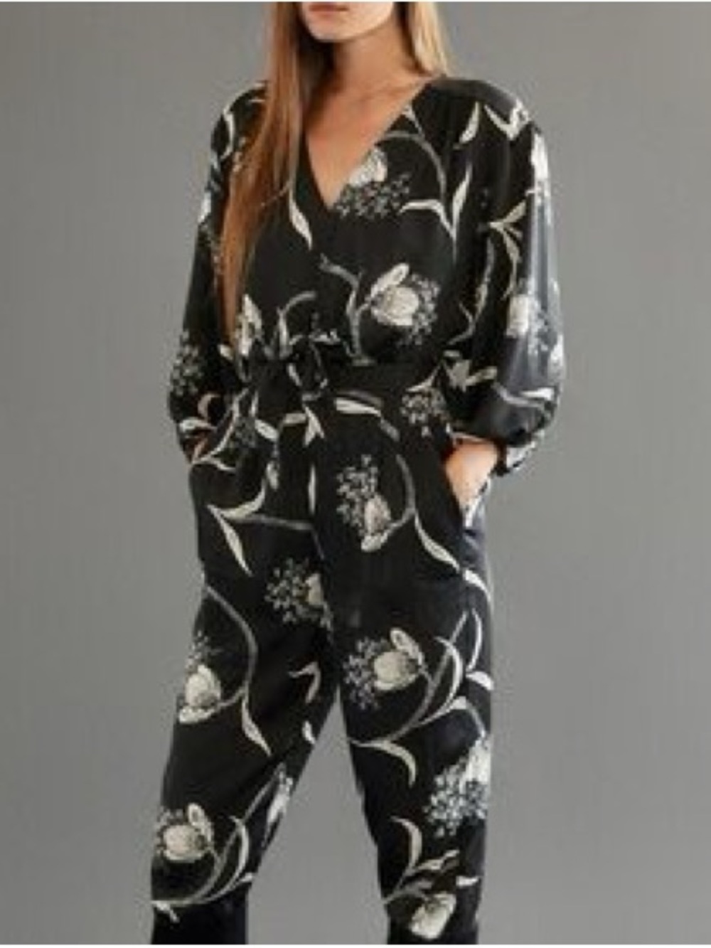 Joie Black and Cream Floral V-Neck Jumpsuit with Waist Tie